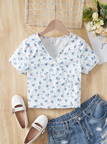 SHEIN 青少年女孩碎花交疊領T恤 - 白色 - 查看 1