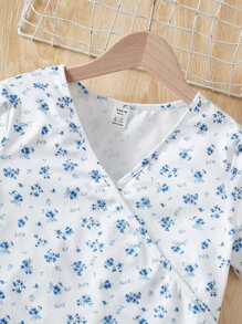 SHEIN 青少年女孩碎花交疊領T恤 - 白色 - 查看 3