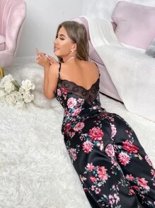 Floral Print Contrast Lace Satin PJ Set - Black - View 2