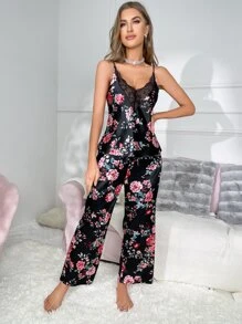 Floral Print Contrast Lace Satin PJ Set - Black - View 3
