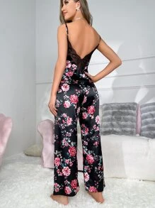 Floral Print Contrast Lace Satin PJ Set - Black - View 4