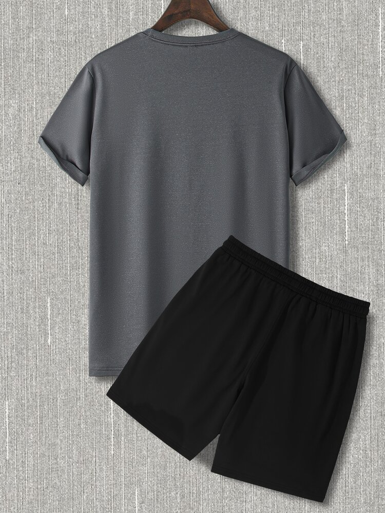 Men Letter Graphic Tee & Drawstring Waist Shorts