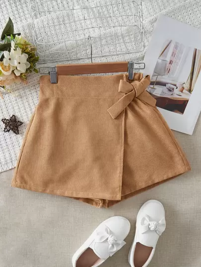SHEIN Teen Girls Wrap Tie Side Corduroy Skort