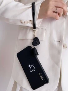 情人节带手机吊饰心形图案手机壳带挂绳适用于 iPhone15/15Plus/15Pro/15Promax - 黑色 - 查看 2