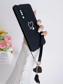 情人节带手机吊饰心形图案手机壳带挂绳适用于 iPhone15/15Plus/15Pro/15Promax - 黑色 - 查看 3