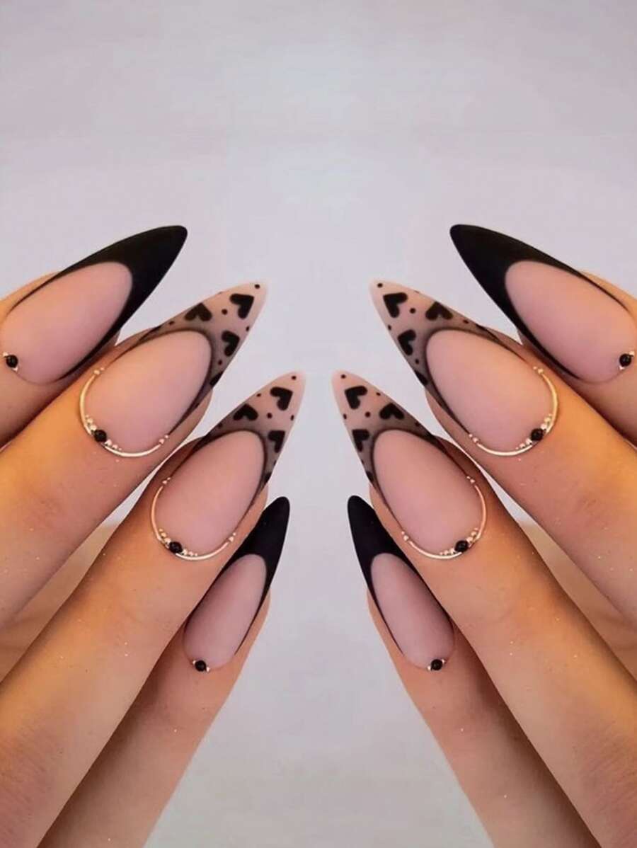 Nâng cấp vẻ ngoài của bạn với 24 móng tay giả hình trái tim màu đen mờ dài Stiletto & 1 giũa móng tay & 1 tờ băng dính - Nhiều màu - Xem 1
