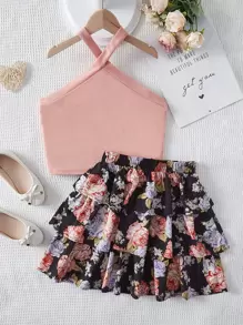 SHEIN Leap Crew 青少年女孩掛脖上衣和印花層疊下擺半身裙 - 彩色 - 查看 1