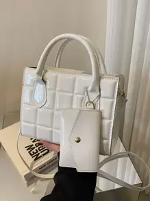 方格壓花款式包包,附搭扣包,女士收納小錢包 - 白色 - 查看 1