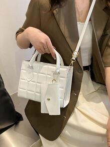 方格壓花款式包包,附搭扣包,女士收納小錢包 - 白色 - 查看 7