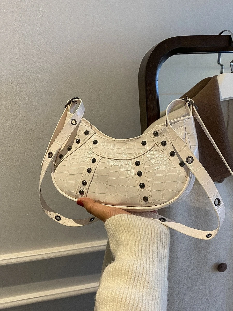 Bolso hobo con cocodrilo en relieve con diseño de tachuela - Blanco - Ver 1