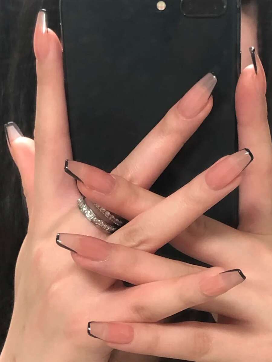 Elevate Your Style With 24pcs Short Coffin Black French Two Tone Fake Nail & 1pc Nail File & 1sheet Tape French Tip Press On Nails Supplies - Multicolor - View 1