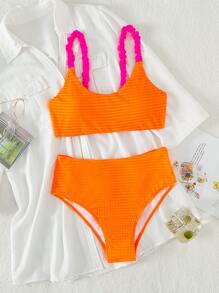 荷葉邊高腰夏季沙灘比基尼套裝 - 橘色 - 查看 3