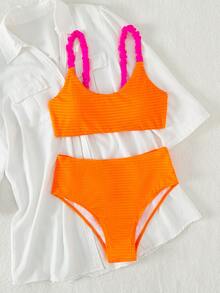 荷葉邊高腰夏季沙灘比基尼套裝 - 橘色 - 查看 8