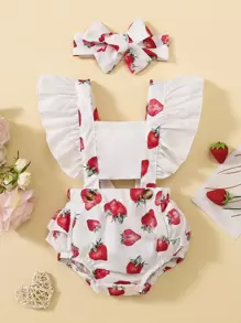 Baby Strawberry Print Ruffle Trim Bodysuit With Accessory Headband - Multicolor - View 1