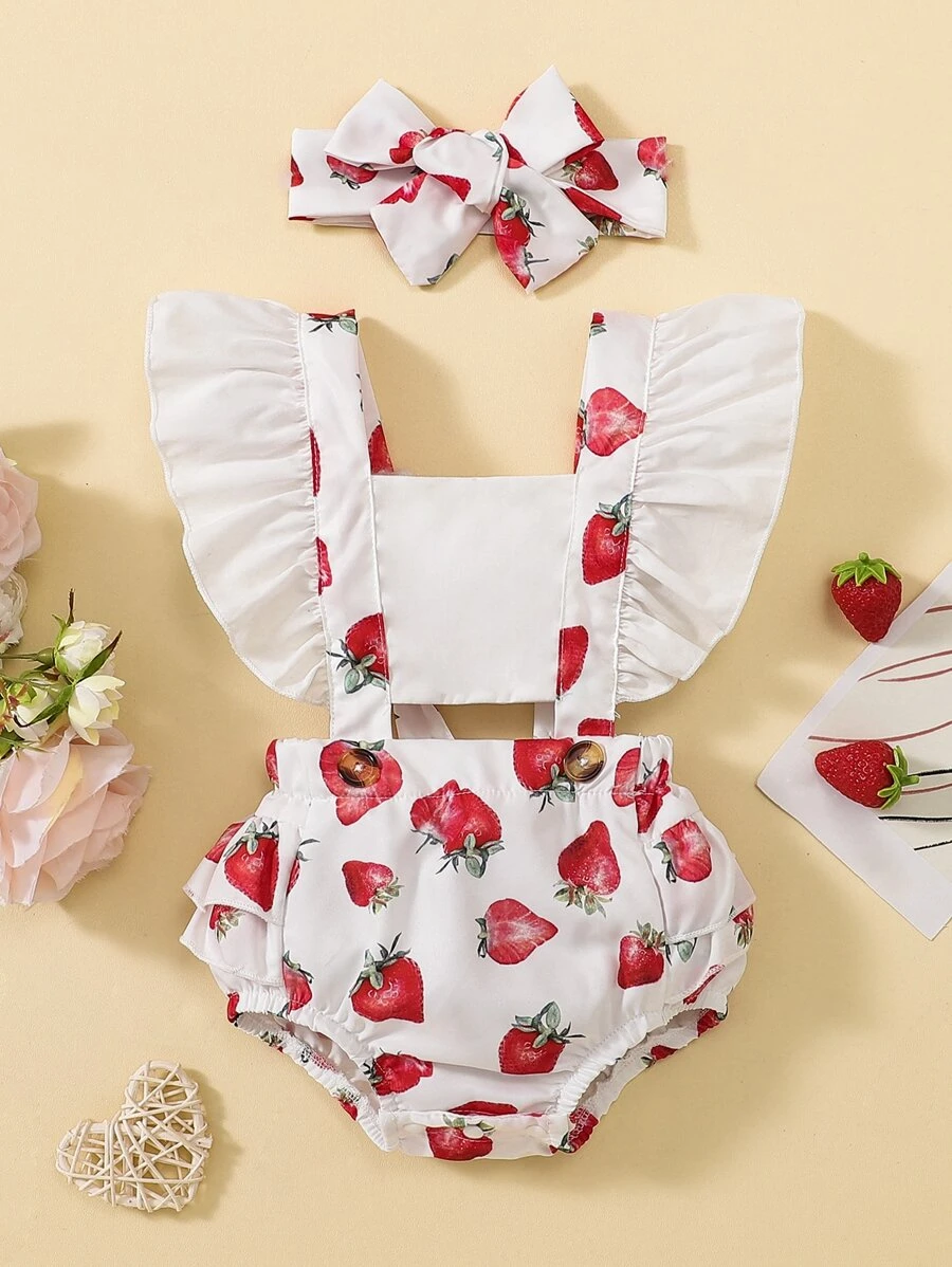 Baby Strawberry Print Ruffle Trim Bodysuit With Accessory Headband - Multicolor - View 1