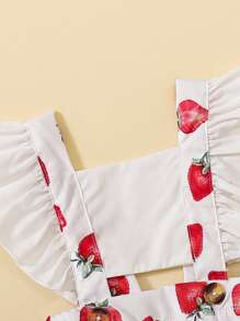 Baby Strawberry Print Ruffle Trim Bodysuit With Accessory Headband - Multicolor - View 4