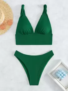 Ribbed Knit Bikini Set Summer Beach - Green - View 1