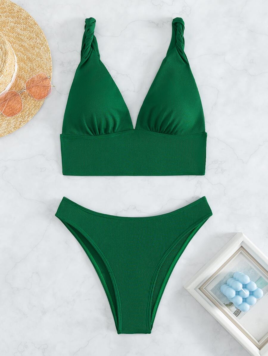 Ribbed Knit Bikini Set Summer Beach - Green - View 1