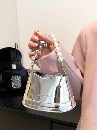 迷你金屬質感字母細節人造珍珠裝飾手提包