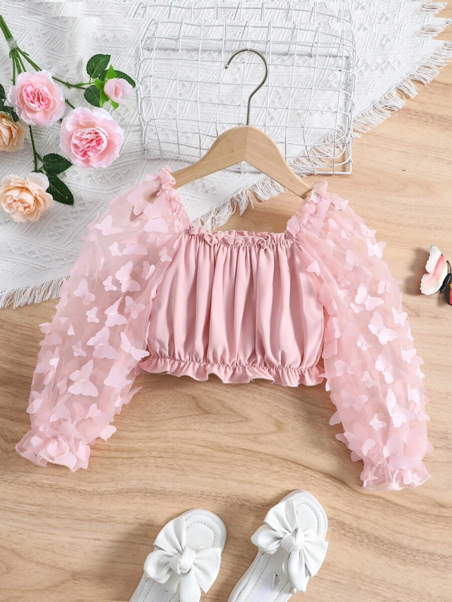 SHEIN 夏季淺粉色純色立領蝴蝶設計短袖襯衫,褶邊袖口適用於年輕女孩 - 淺粉色 - 查看 1