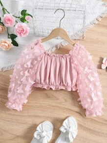 SHEIN 夏季淺粉色純色立領蝴蝶設計短袖襯衫,褶邊袖口適用於年輕女孩 - 淺粉色 - 查看 2