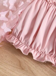 SHEIN 夏季淺粉色純色立領蝴蝶設計短袖襯衫,褶邊袖口適用於年輕女孩 - 淺粉色 - 查看 3