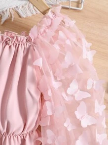 SHEIN 夏季淺粉色純色立領蝴蝶設計短袖襯衫,褶邊袖口適用於年輕女孩 - 淺粉色 - 查看 5