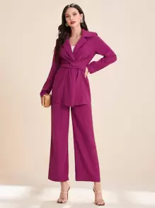 Modelyn Lapel Neck Tie Back Blazer & Wide Leg Trousers - Purple - View 1