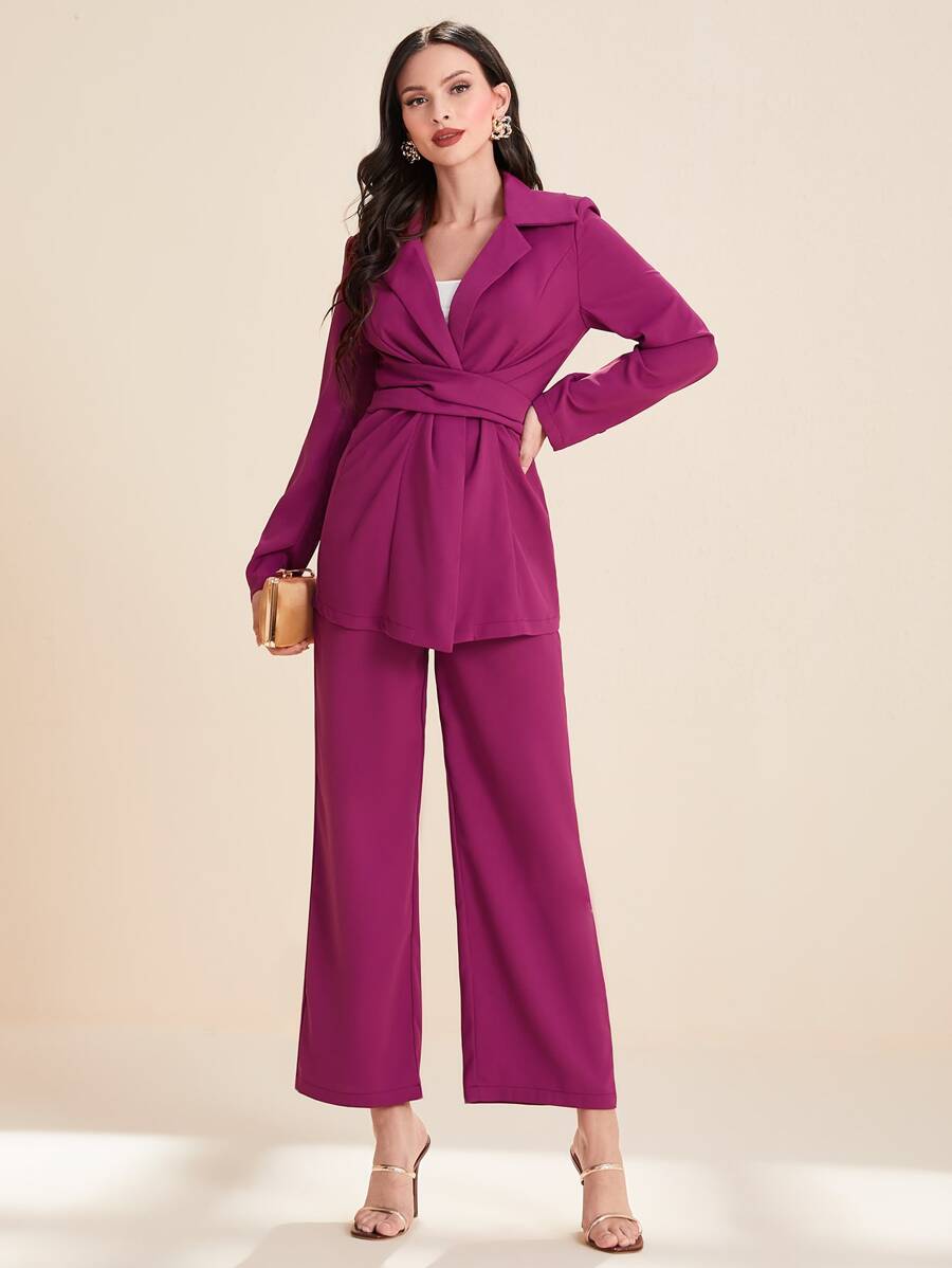 Modelyn Lapel Neck Tie Back Blazer & Wide Leg Trousers - Purple - View 1