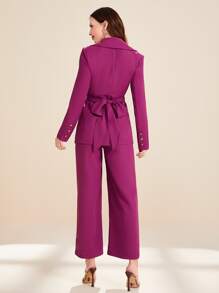 Modelyn Lapel Neck Tie Back Blazer & Wide Leg Trousers - Purple - View 2