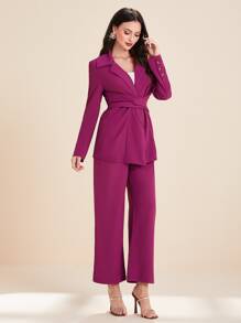 Modelyn Lapel Neck Tie Back Blazer & Wide Leg Trousers - Purple - View 3