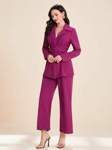 Modelyn Lapel Neck Tie Back Blazer & Wide Leg Trousers - Purple - View 4