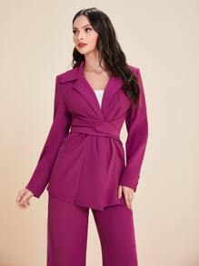 Modelyn Lapel Neck Tie Back Blazer & Wide Leg Trousers - Purple - View 5