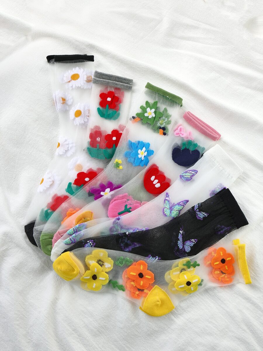 7pairs Butterfly & Floral Pattern Crew Socks, Fall Socks - Multicolor - View 1