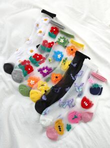 7pairs Butterfly & Floral Pattern Crew Socks, Fall Socks - Multicolor - View 2