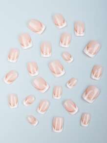 Instantly Upgrade Your Look With, 24pcs Short Square, White French & Glitter Design Fake Nail Kit For Women & Girls Press On Nails Nail Supplies - Multicolor - View 3