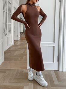 SHEIN Essnce 鏤空高衩連衣裙 - 咖啡棕 - 查看 3