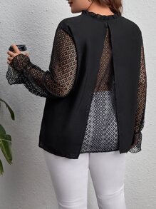 SHEIN Privé Plus Contrast Lace Flounce Sleeve Frilled Neck Blouse
