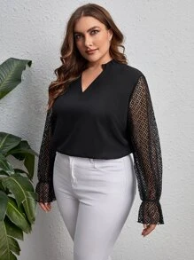 SHEIN Privé Plus Contrast Lace Flounce Sleeve Frilled Neck Blouse