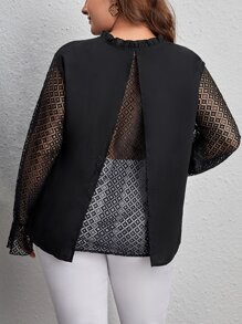 SHEIN Privé Plus Contrast Lace Flounce Sleeve Frilled Neck Blouse