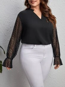 SHEIN Privé Plus Contrast Lace Flounce Sleeve Frilled Neck Blouse