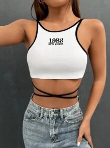 SHEIN Coolane Áo hai dây Buộc lại Tương phản ràng buộc Lộ Lưng Hội Chữ thập Lá thư Gợi cảm - trắng - Xem 1