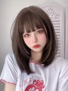 alicegarden 1 片合成耐热短直发假发，带刘海，16 英寸长，纤维制成，时尚假发，自然逼真