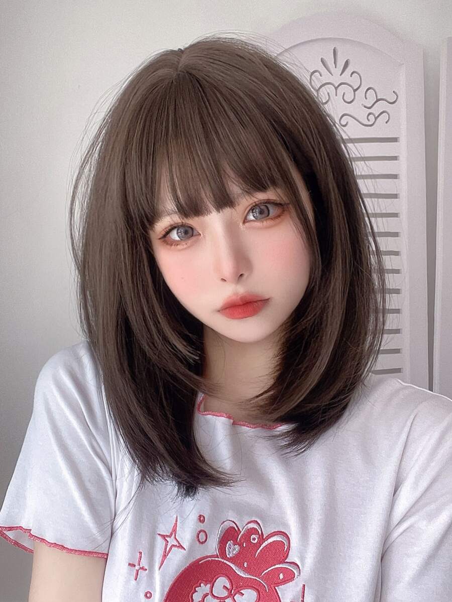 alicegarden 1 片合成耐热短直发假发，带刘海，16 英寸长，纤维制成，时尚假发，自然逼真