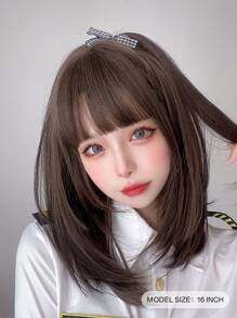 alicegarden 1 片合成耐热短直发假发，带刘海，16 英寸长，纤维制成，时尚假发，自然逼真