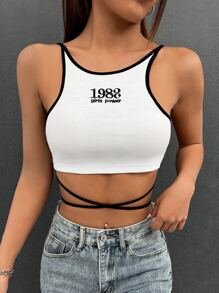 SHEIN Coolane Áo hai dây Buộc lại Tương phản ràng buộc Lộ Lưng Hội Chữ thập Lá thư Gợi cảm - trắng - Xem 4