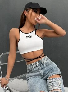 SHEIN Coolane Áo hai dây Buộc lại Tương phản ràng buộc Lộ Lưng Hội Chữ thập Lá thư Gợi cảm - trắng - Xem 5