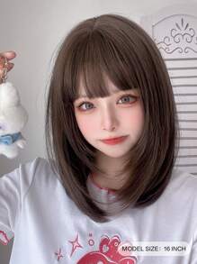 alicegarden 1 片合成耐热短直发假发，带刘海，16 英寸长，纤维制成，时尚假发，自然逼真