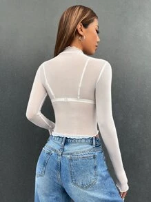 SHEIN EZwear Summer Outfits Contrast Binding Mesh Crop Top Without Bra - White - View 2