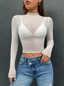 SHEIN EZwear Summer Outfits Contrast Binding Mesh Crop Top Without Bra - White - View 3